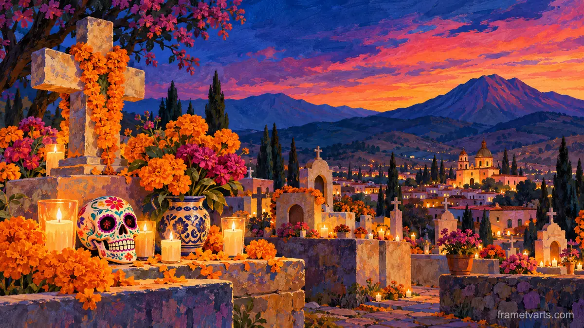 Colorful cemetery in a Mexican highland town – storybook gouache Samsung Frame TV art, 4K