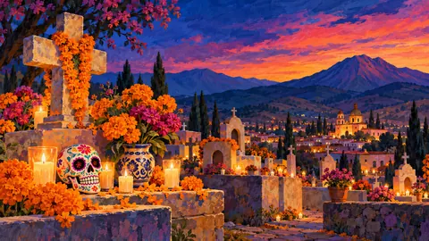 Colorful cemetery in a Mexican highland town – storybook gouache Frame TV art