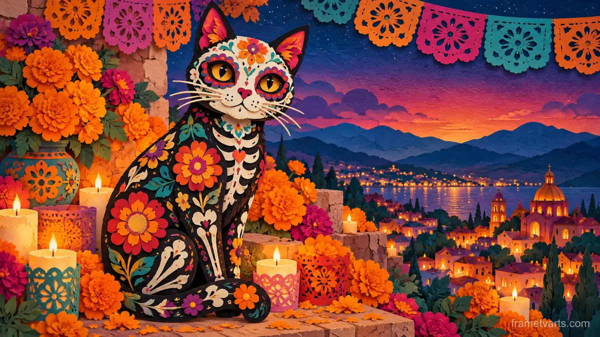 Calavera cat with flower patterns – cut-paper folk illustration Samsung Frame TV art, 4K