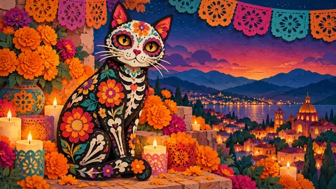 Calavera cat with flower patterns – cut-paper folk illustration Frame TV art
