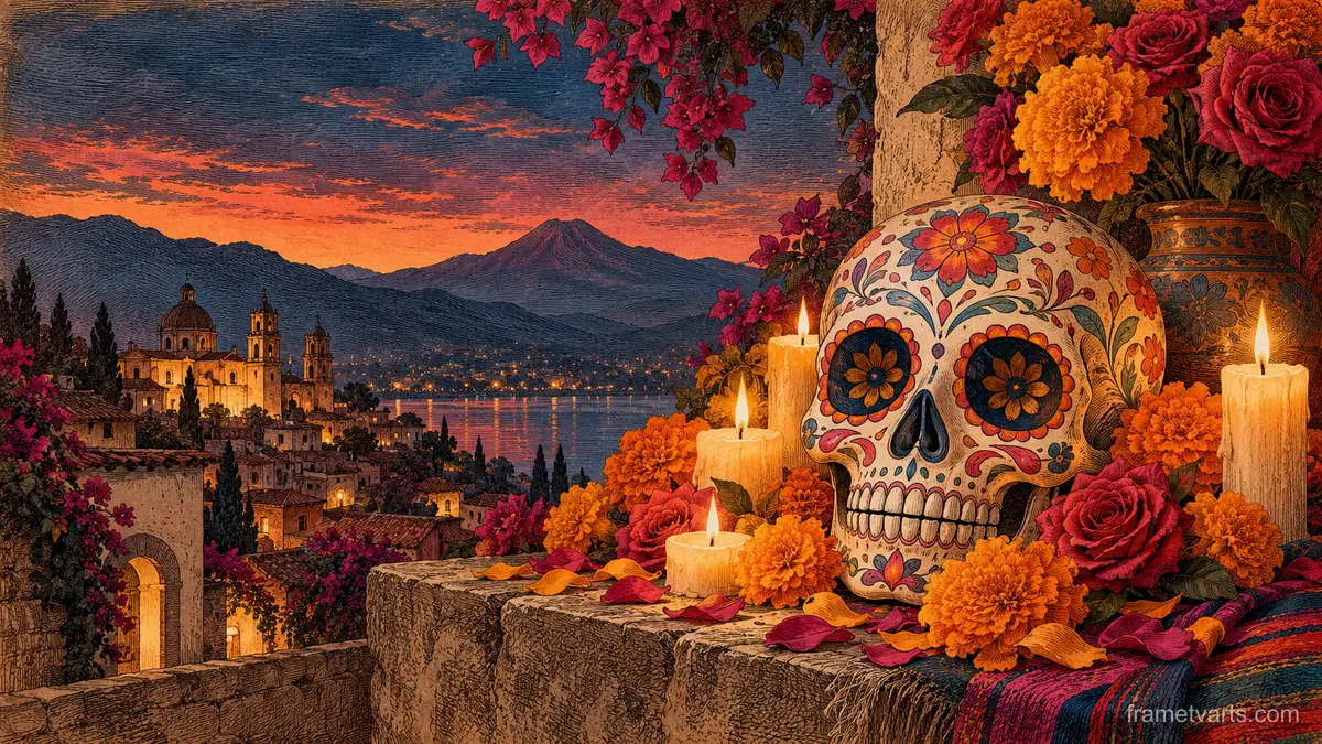 Calavera and roses in vintage engraving – vintage plate engraving Samsung Frame TV art, 4K