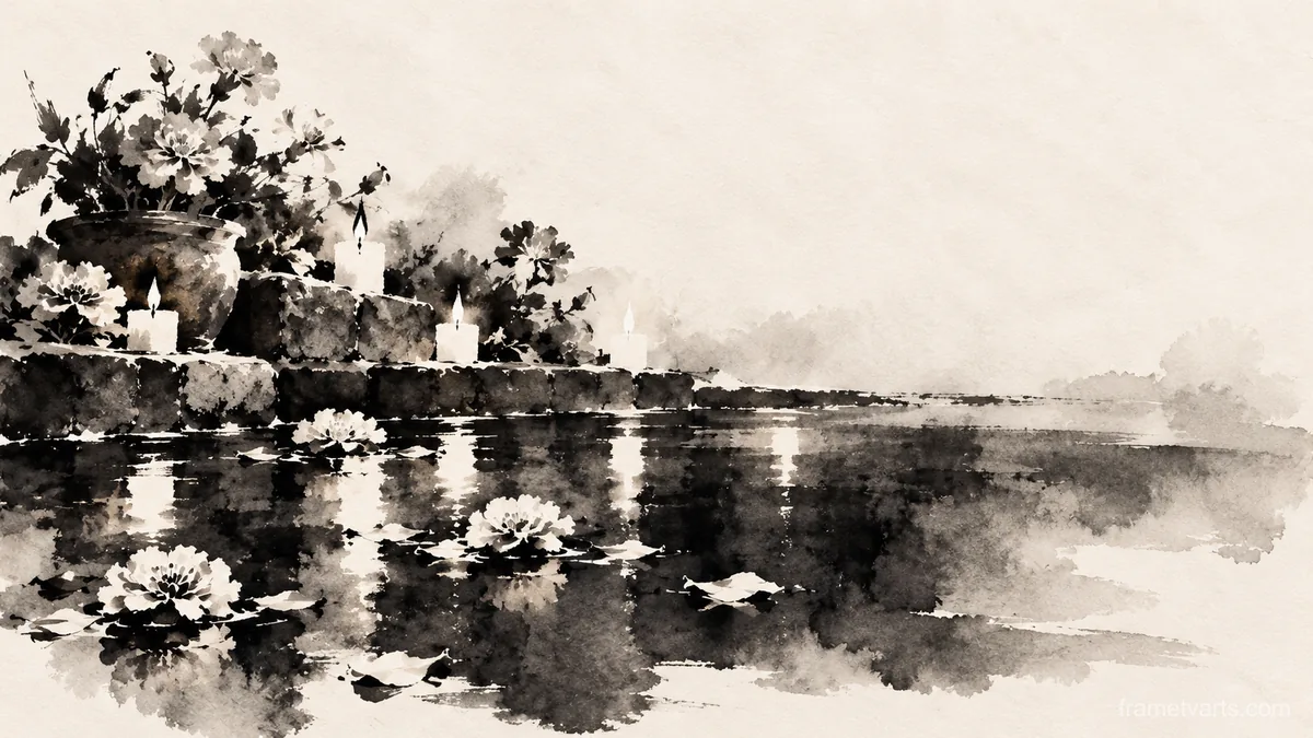 Marigolds and candles reflected in a dark pool – zen sumi-e ink wash Samsung Frame TV art, 4K