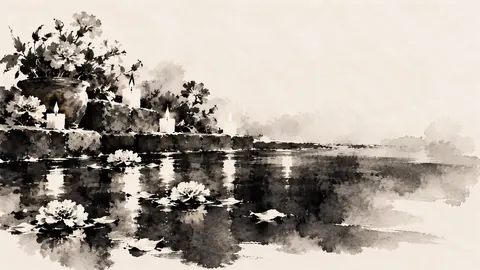 Marigolds and candles reflected in a dark pool – zen sumi-e ink wash Frame TV art