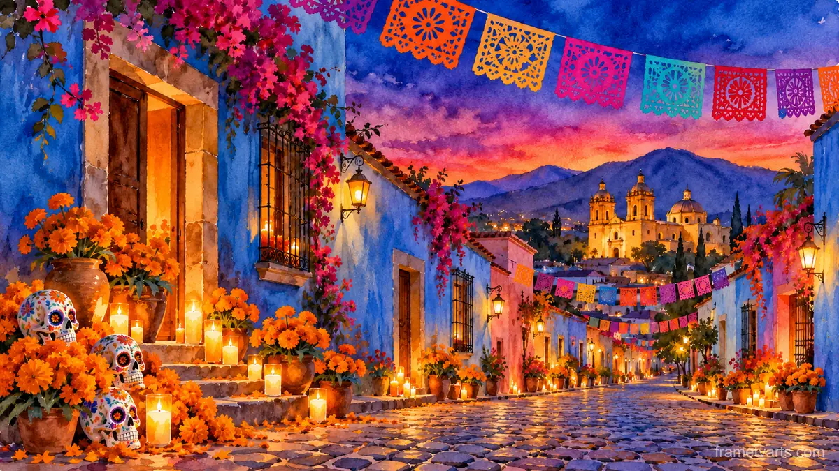 Oaxaca street with papel picado and blue walls – loose watercolor Samsung Frame TV art, 4K