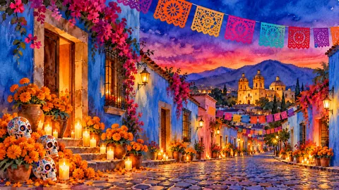 Oaxaca street with papel picado and blue walls – loose watercolor Frame TV art