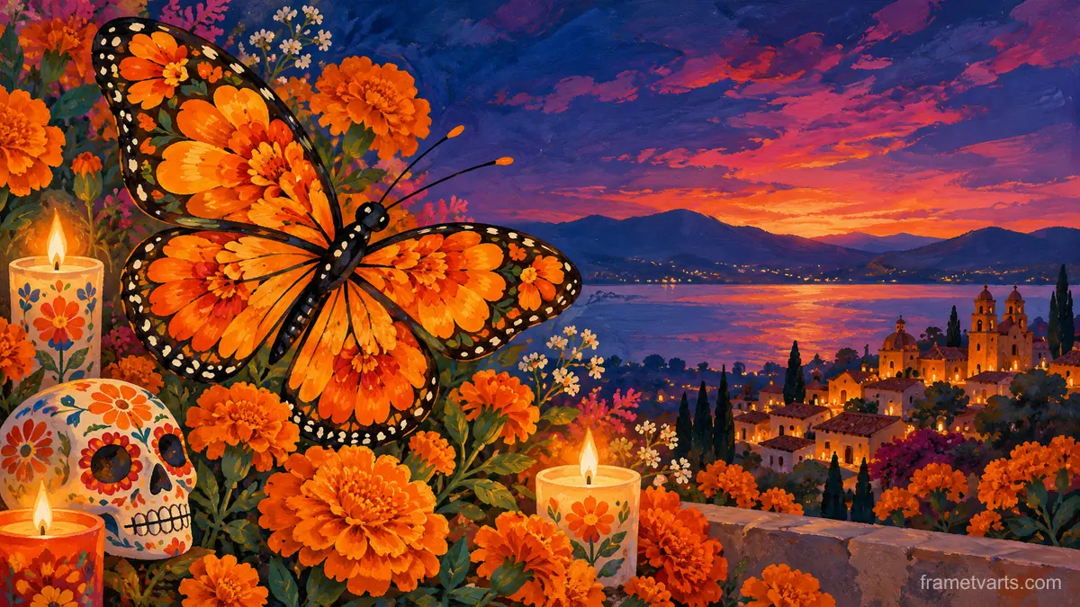 Monarch butterfly with marigold wings, folk art – decorative folk gouache Samsung Frame TV art, 4K