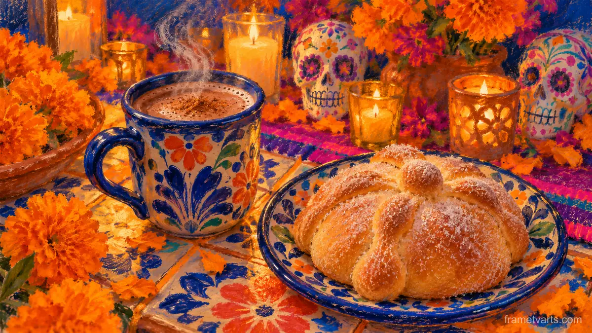 Hot chocolate and pan de muerto on a tiled table – chalk pastel study Samsung Frame TV art, 4K