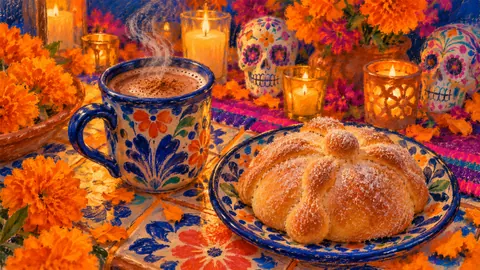 Hot chocolate and pan de muerto on a tiled table – chalk pastel study Frame TV art