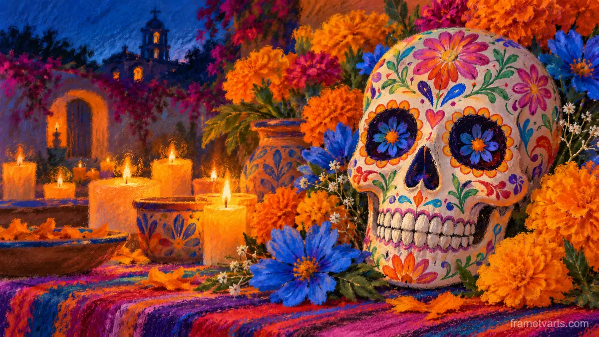 Calavera in soft pastel with blue flowers – soft pastel drawing Samsung Frame TV art, 4K