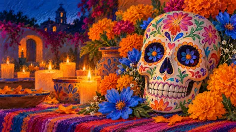 Calavera in soft pastel with blue flowers – soft pastel drawing Frame TV art