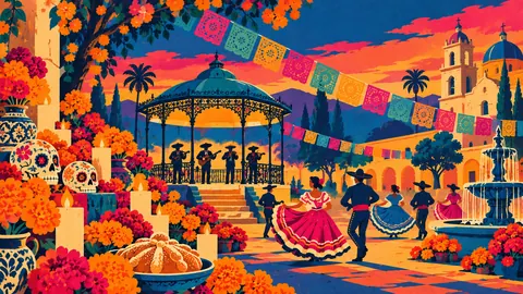 Retro poster of a plaza festival without lettering – vintage travel poster illustration Frame TV art