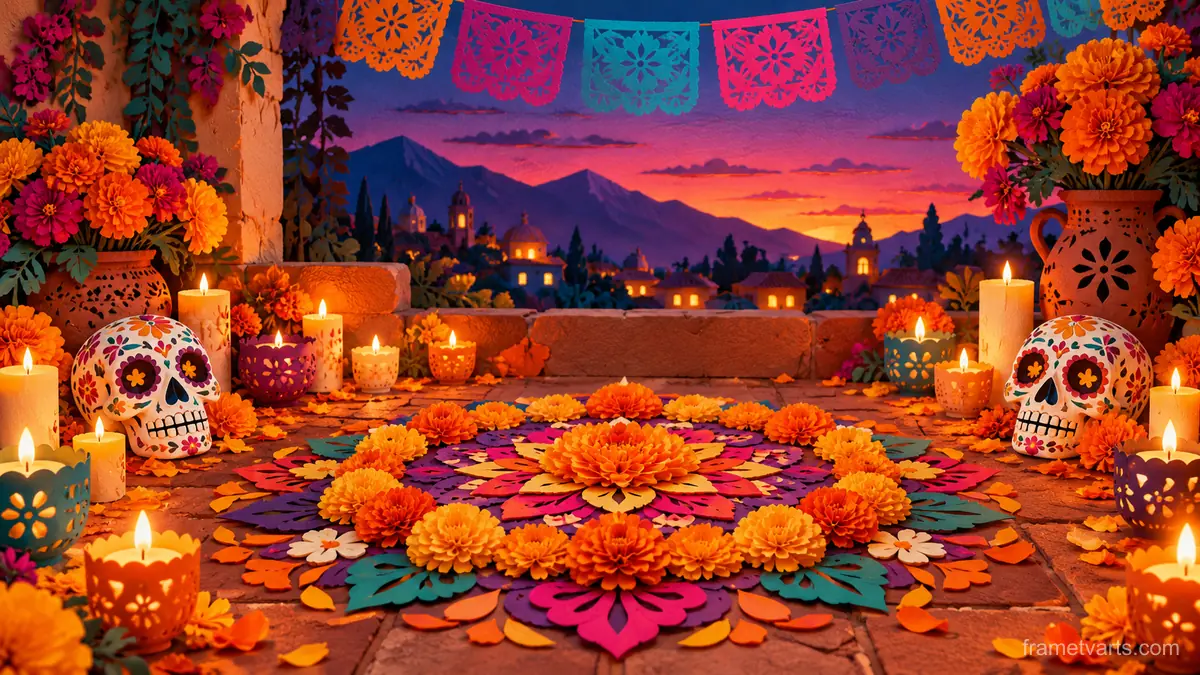 Marigold mandala on a terracotta floor – cut-paper folk illustration Samsung Frame TV art, 4K
