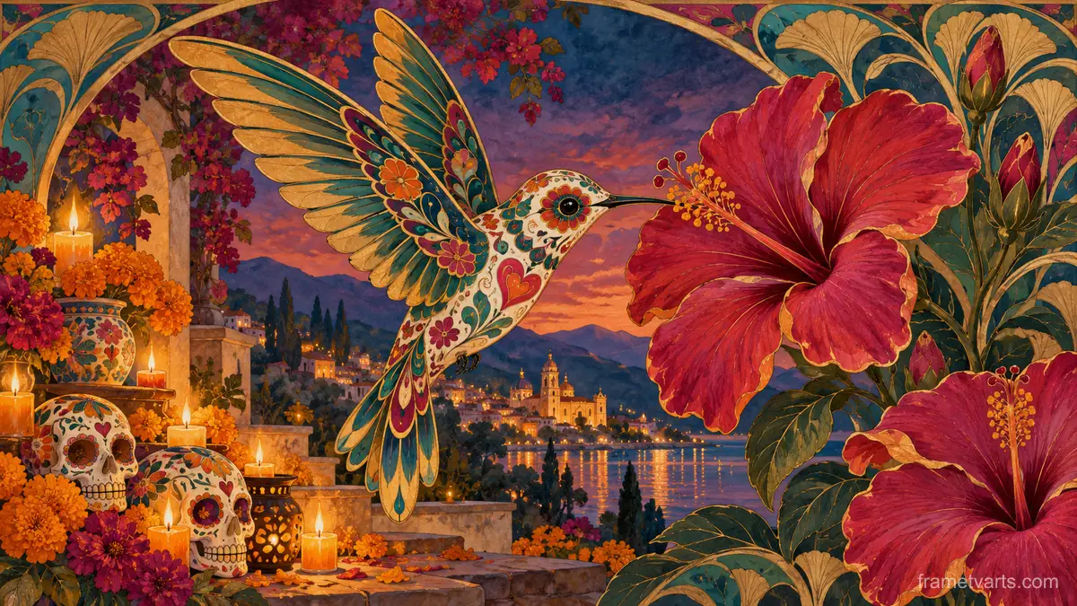 Calavera hummingbird and hibiscus – decorative art nouveau painting Samsung Frame TV art, 4K