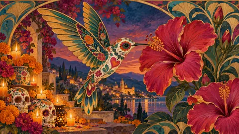 Calavera hummingbird and hibiscus – decorative art nouveau painting Frame TV art