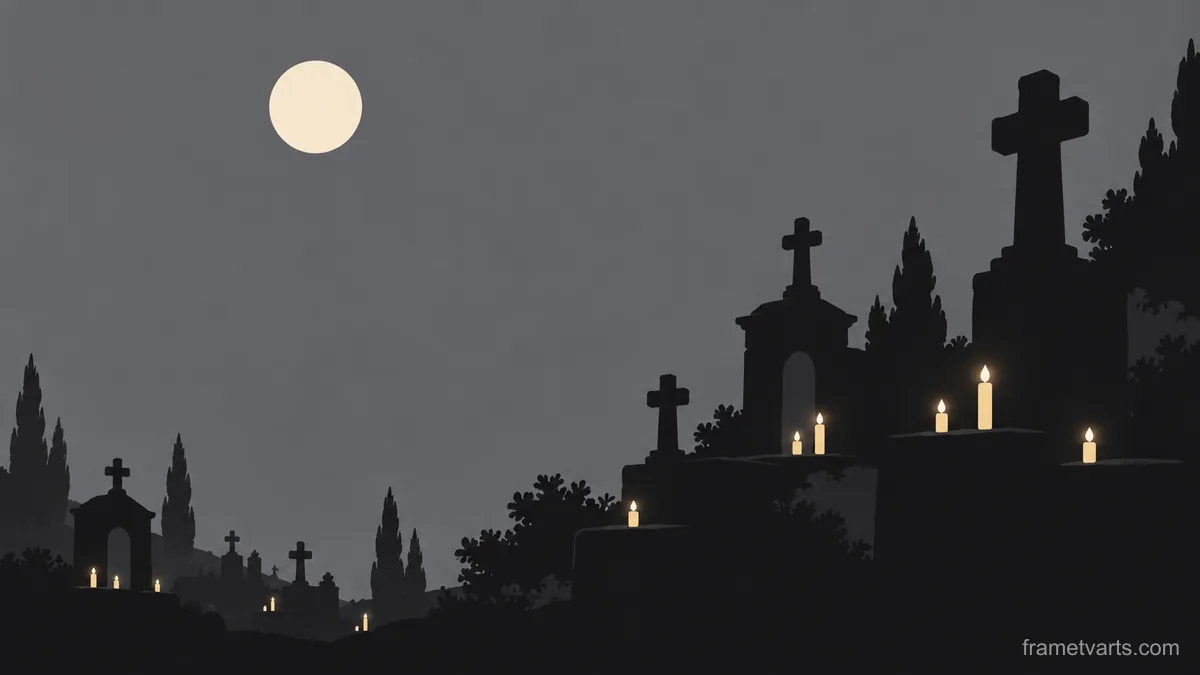 Night sky over a lit cemetery with one moon – monochrome minimalist abstraction Samsung Frame TV art, 4K