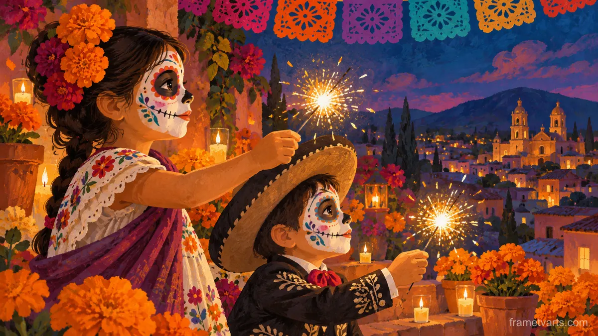 Children in Catrina face paint with sparklers, seen in profile – storybook gouache Samsung Frame TV art, 4K