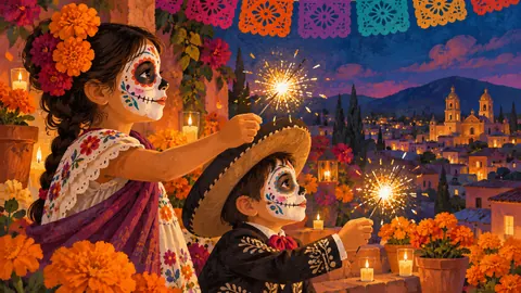 Children in Catrina face paint with sparklers, seen in profile – storybook gouache Frame TV art