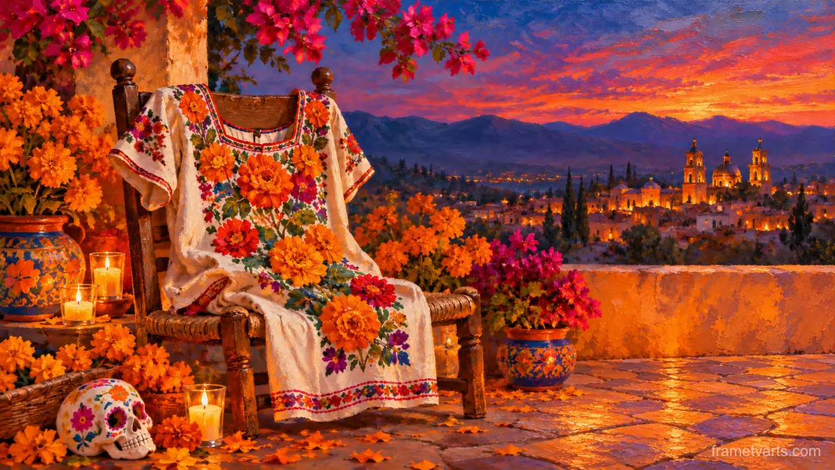Embroidered huipil with marigold motifs on a chair – tonal oil painting Samsung Frame TV art, 4K
