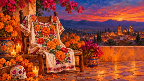 Embroidered huipil with marigold motifs on a chair – tonal oil painting Frame TV art