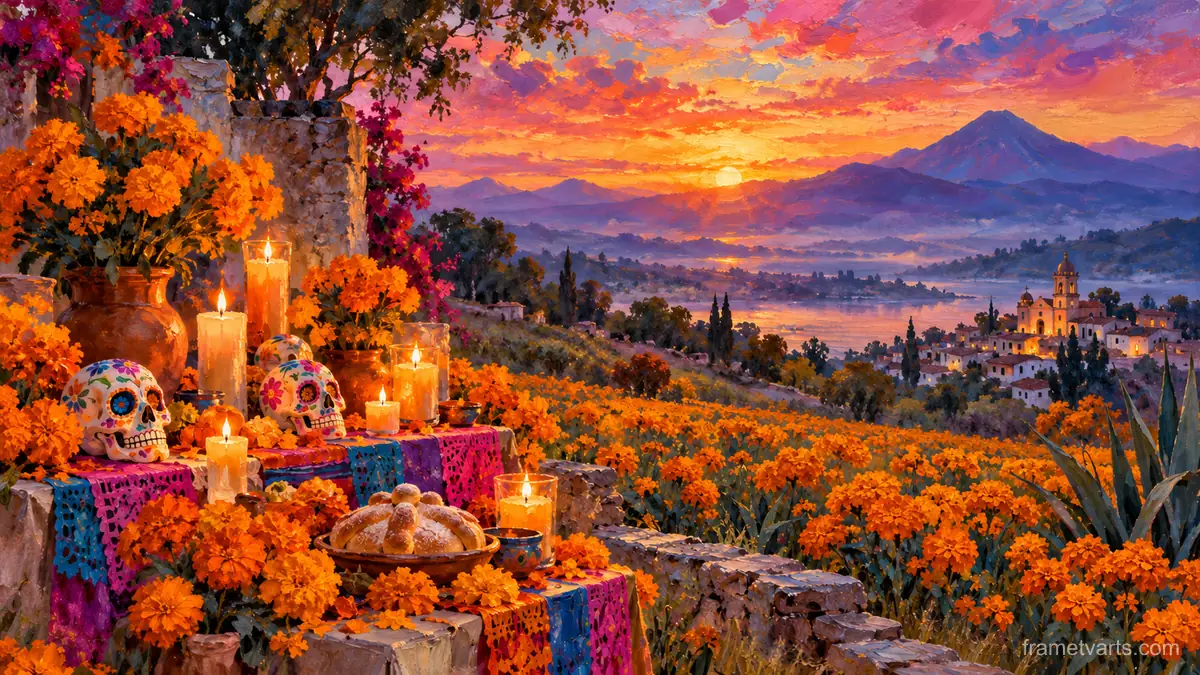 Marigold field at dawn in the Mexican highlands – impressionist oil painting Samsung Frame TV art, 4K