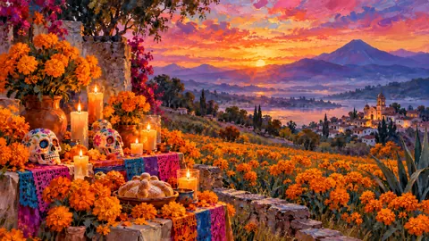 Marigold field at dawn in the Mexican highlands – impressionist oil painting Frame TV art