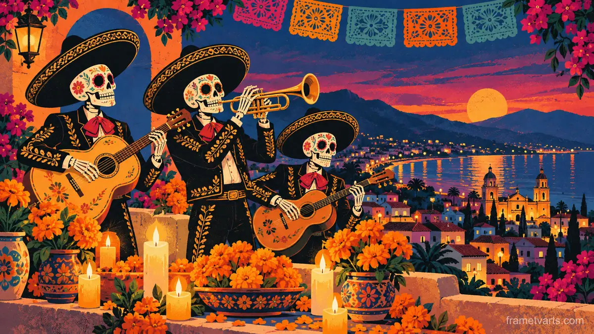Calavera mariachi trio in flat colour – retro mid-century illustration Samsung Frame TV art, 4K