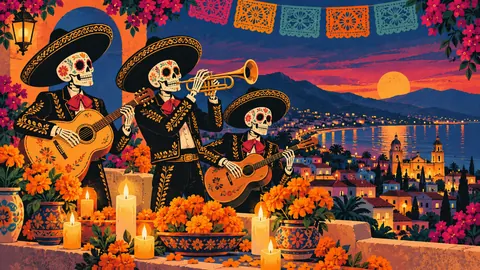 Calavera mariachi trio in flat colour – retro mid-century illustration Frame TV art